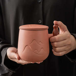 茶杯个人手把杯过滤大容量分离办公木柄杯带水杯盖马克陶瓷 茶水