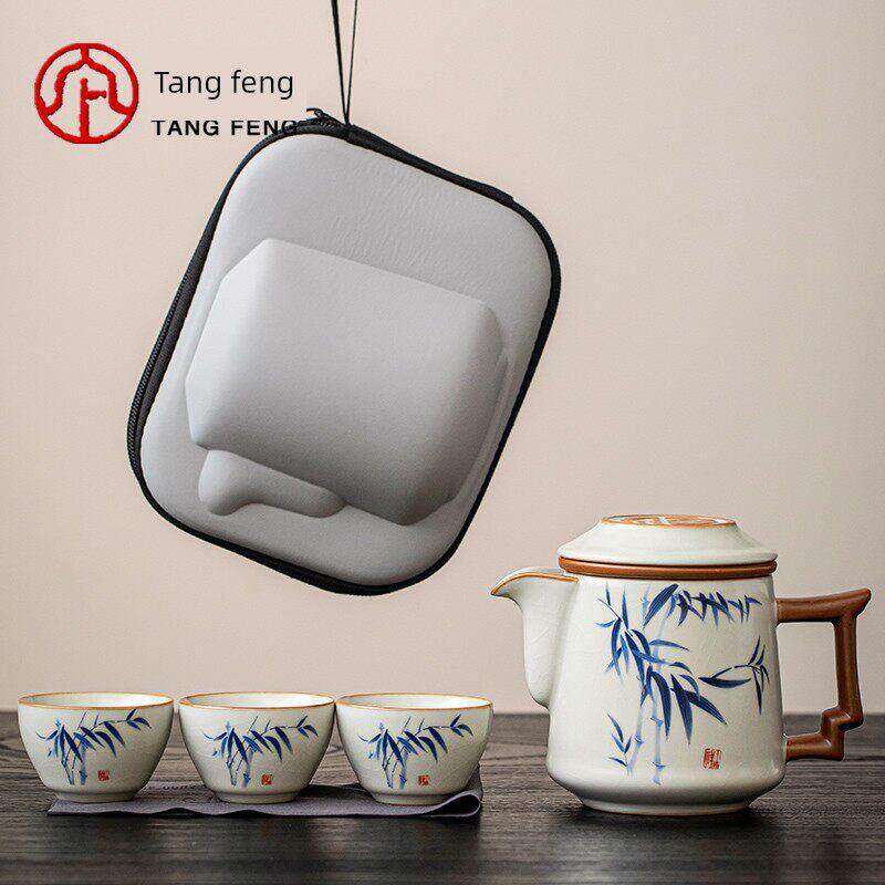 唐丰汝窑旅行茶具户外露营便携式快客杯一壶三杯陶瓷茶壶茶杯套装
