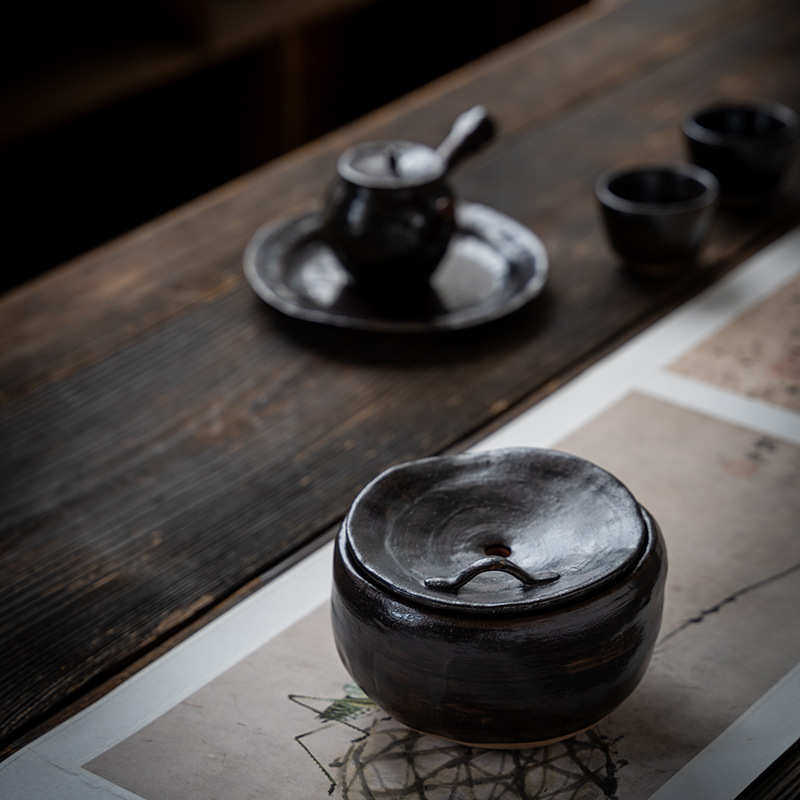 日式陶瓷茶洗家用复古茶渣缸笔洗废水盂建水带盖功夫茶具茶道配件
