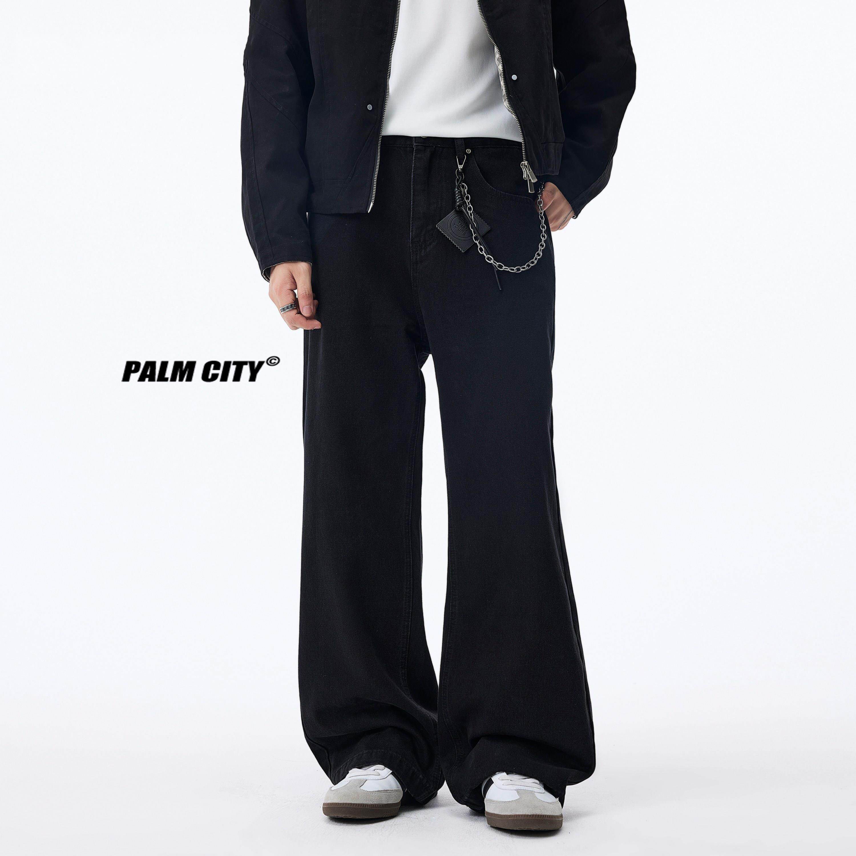 PALM CITY黑色直筒微喇牛仔裤男春秋宽松休闲阔腿长裤A字美式潮流