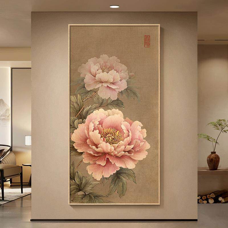 牡丹花挂画新中式玄关装饰画竖版寓意好走廊过道壁画入户正对门画