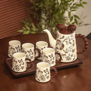 茶壶茶杯高颜值中古风喝水杯子客厅桌面待客 复古陶瓷水具茶具套装