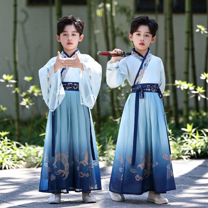汉服男童侠客风六一新款国学演出服中国风朗诵表演服书生武侠古装图片