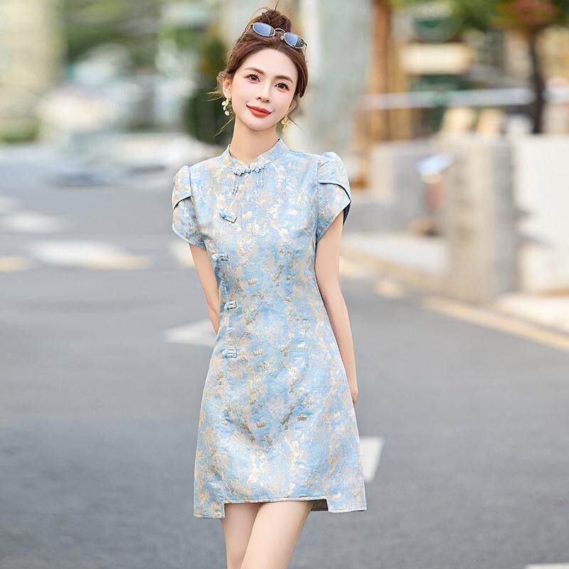 新中式改良盘扣提花旗袍女夏季新款小个子中长版修身气质国风裙子