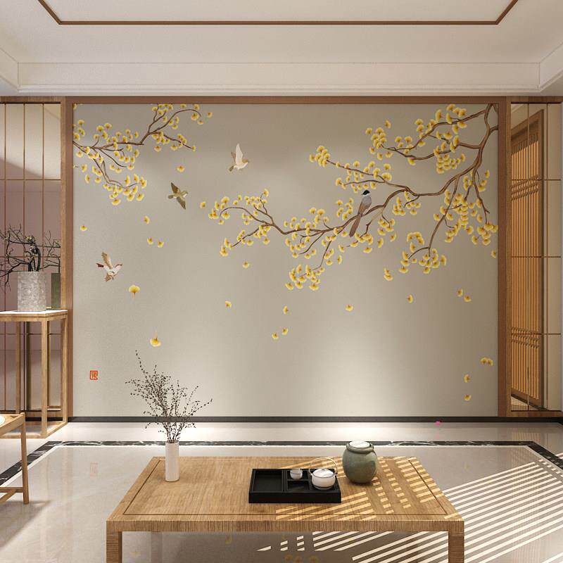 新中式电视背景墙壁纸银杏叶花鸟大气壁画 画客厅沙发卧室影视墙