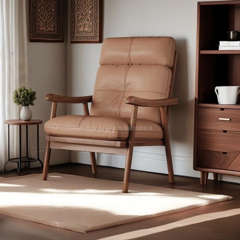 北美黑胡桃木单人沙发椅复古真皮休闲椅客厅家用椅子高靠背主人椅