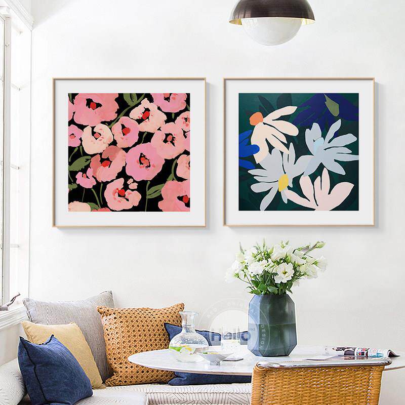 北欧复古花卉沙发背景装饰画简约美式田园植物卧室正方形餐厅挂画