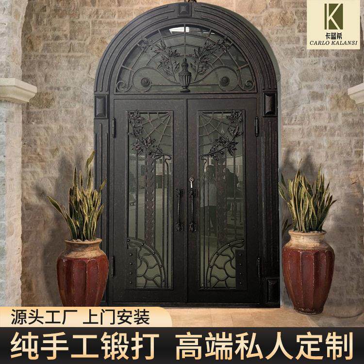 铁艺门纯手工锻打推拉门别墅玻璃门源头工厂跨境定制