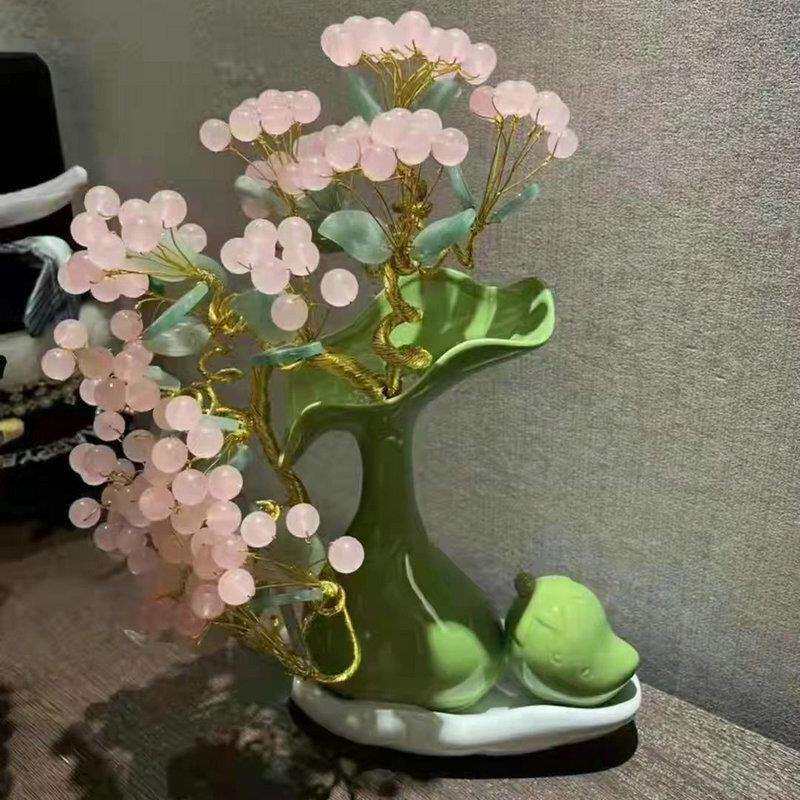 欧式梦幻粉水晶树发财树 粉色玉髓玉果居家饰品盆景 风水摆件