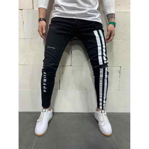Printed men's ripped ankle pants, standing painted jeans,