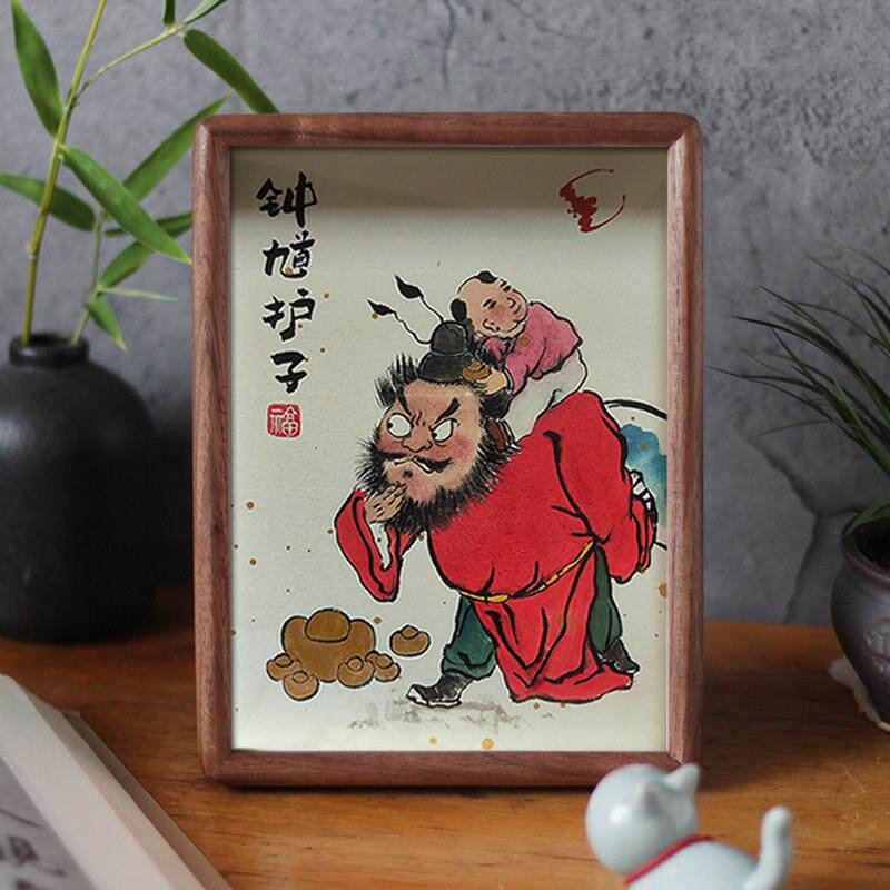 原创手绘钟馗护子图高档胡桃木画框护佑孩子平安100%纯手绘真朱砂