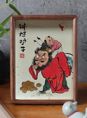 原创手绘钟馗护子图高档胡桃木画框护佑孩子平安100%纯手绘真朱砂
