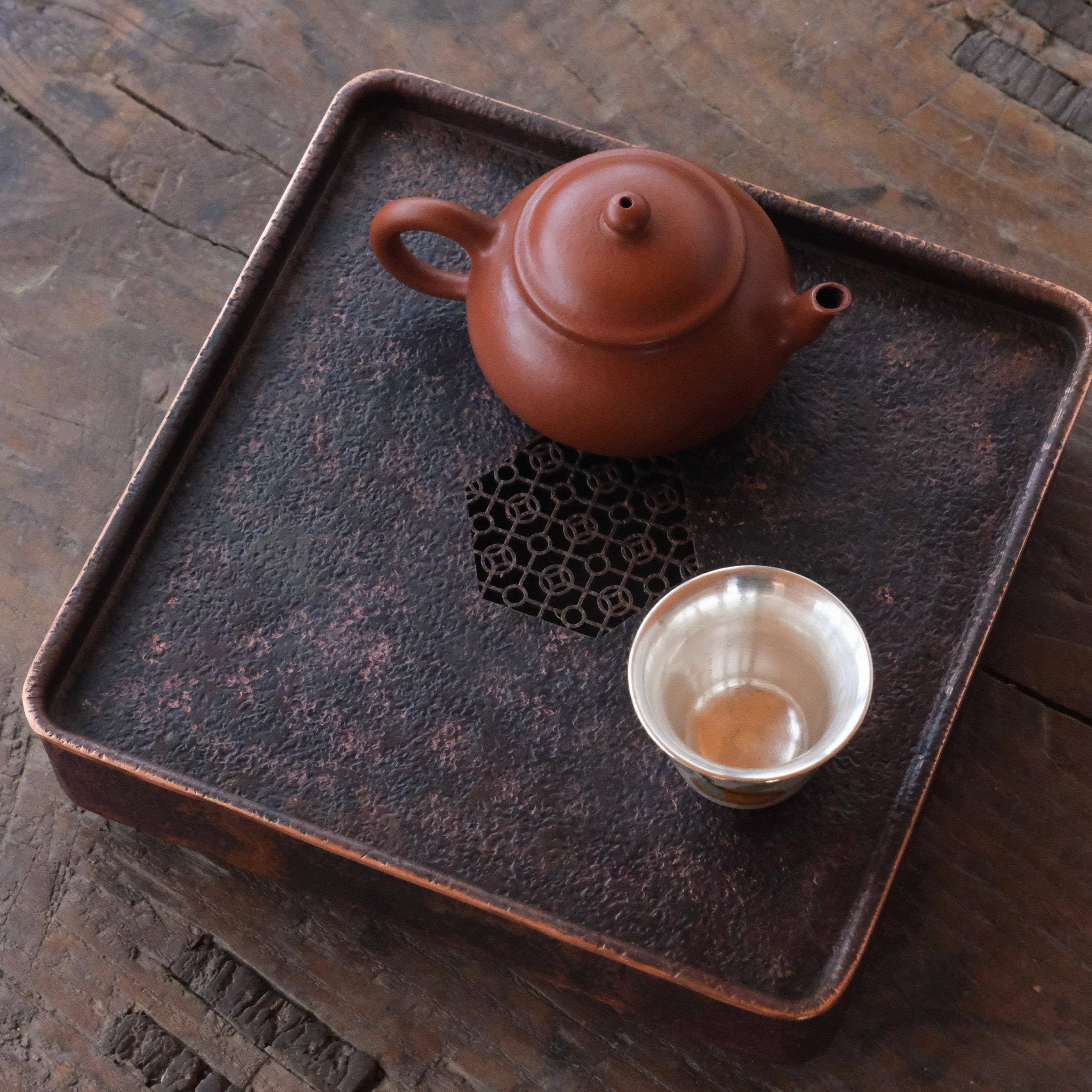 苏窗花紫铜大号茶台 手厚工纯铜加茶茶盘干泡台式壶承沥水海茶船