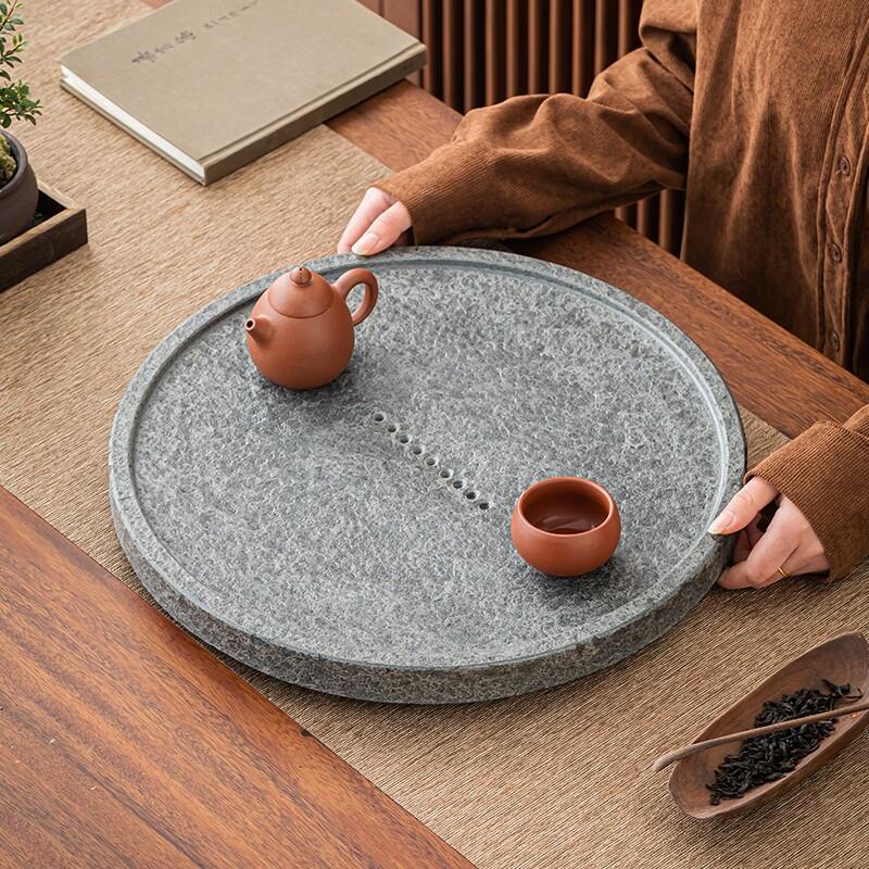 天然乌金石茶盘干泡盘圆形单盘家用简约客厅整块高档小号石头茶盘
