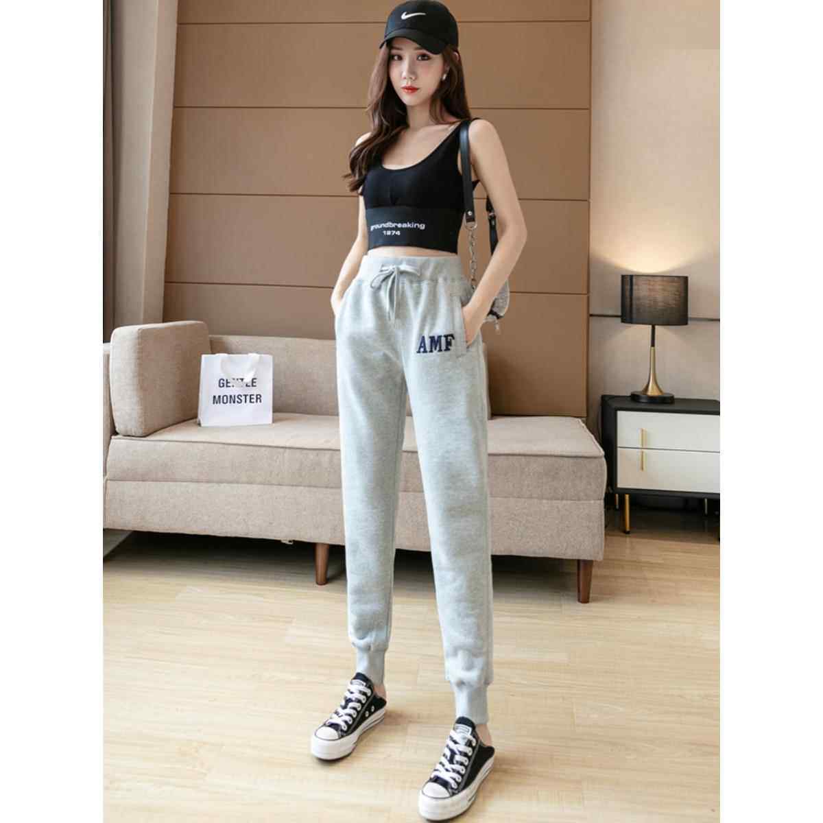 韩国灰色运动裤女新款春秋冬加绒厚纯棉宽松束脚大码修身休闲卫裤