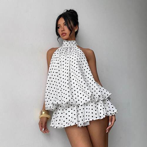 White Polka Dot Halter Tiered Ruffle Chiffon Mini Dress |