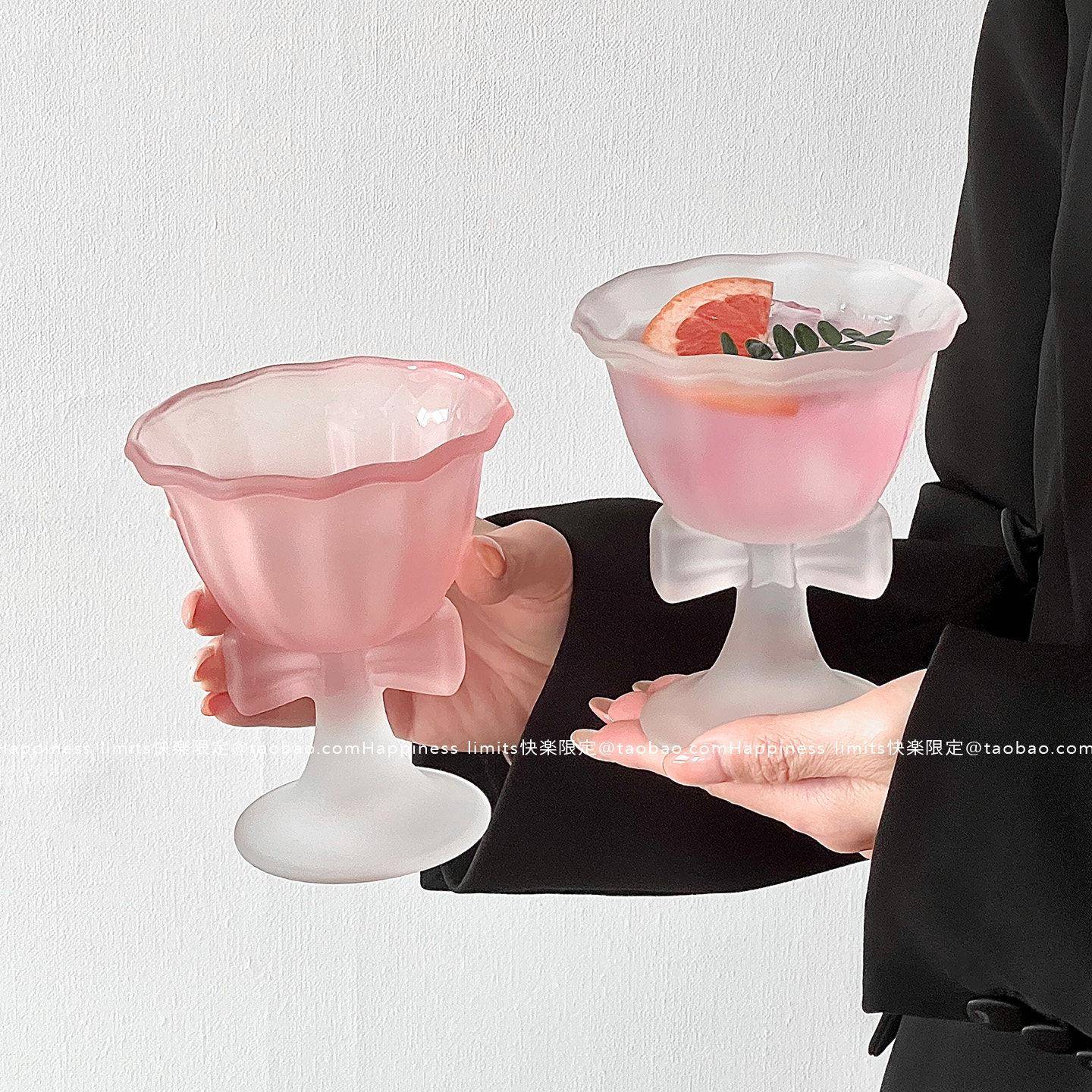 高颜值蝴蝶结玻璃杯子高脚红酒冰淇淋甜品杯女生微醺酒杯果酒香槟