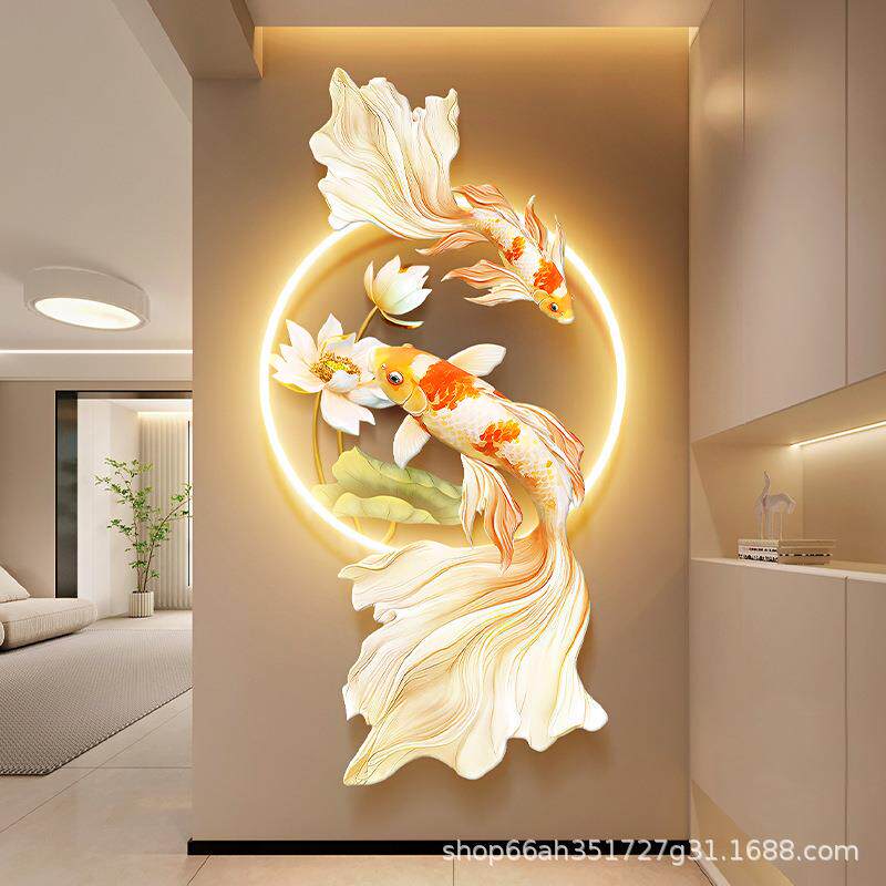 九鱼荷花图玄关装饰画锦鲤走廊带灯挂画轻奢年年有余入户发光壁饰