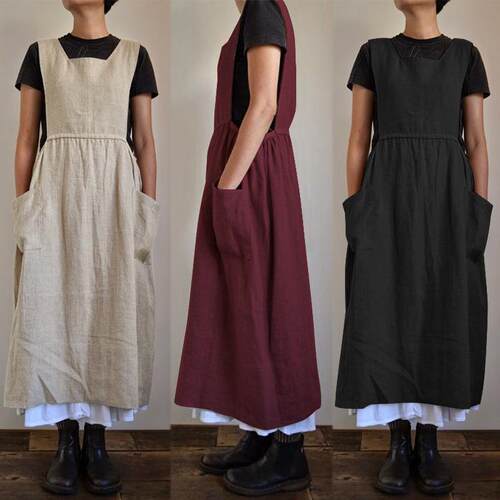 Women's cotton and linen apron, high waist, long