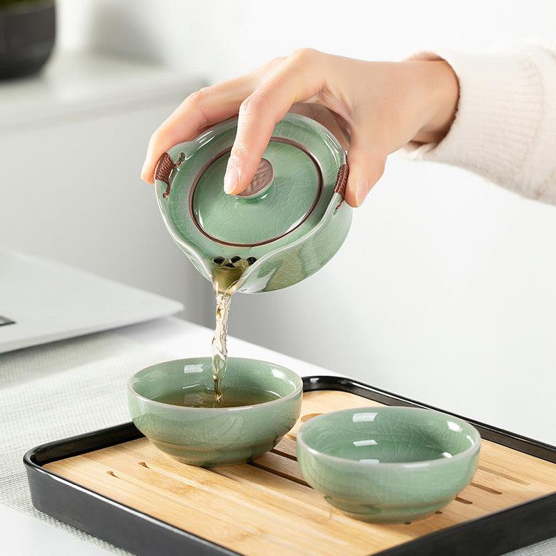 便携式快客杯一壶二杯功夫泡茶壶茶杯汝窑单个人旅行茶具礼品套装