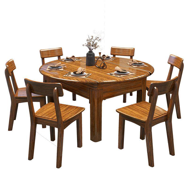 乌金木全实木餐桌新中式家用圆桌小户型可折叠伸缩餐桌椅组合家具