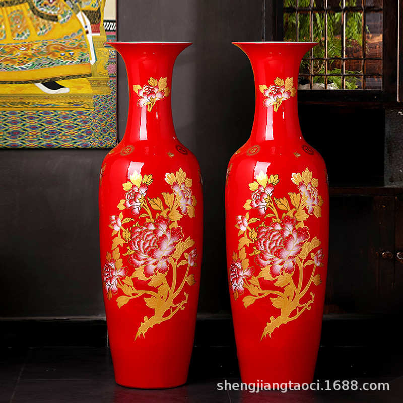 红陶瓷器电视柜花瓶景德镇客厅中式高地大摆件落中国酒店家居装饰