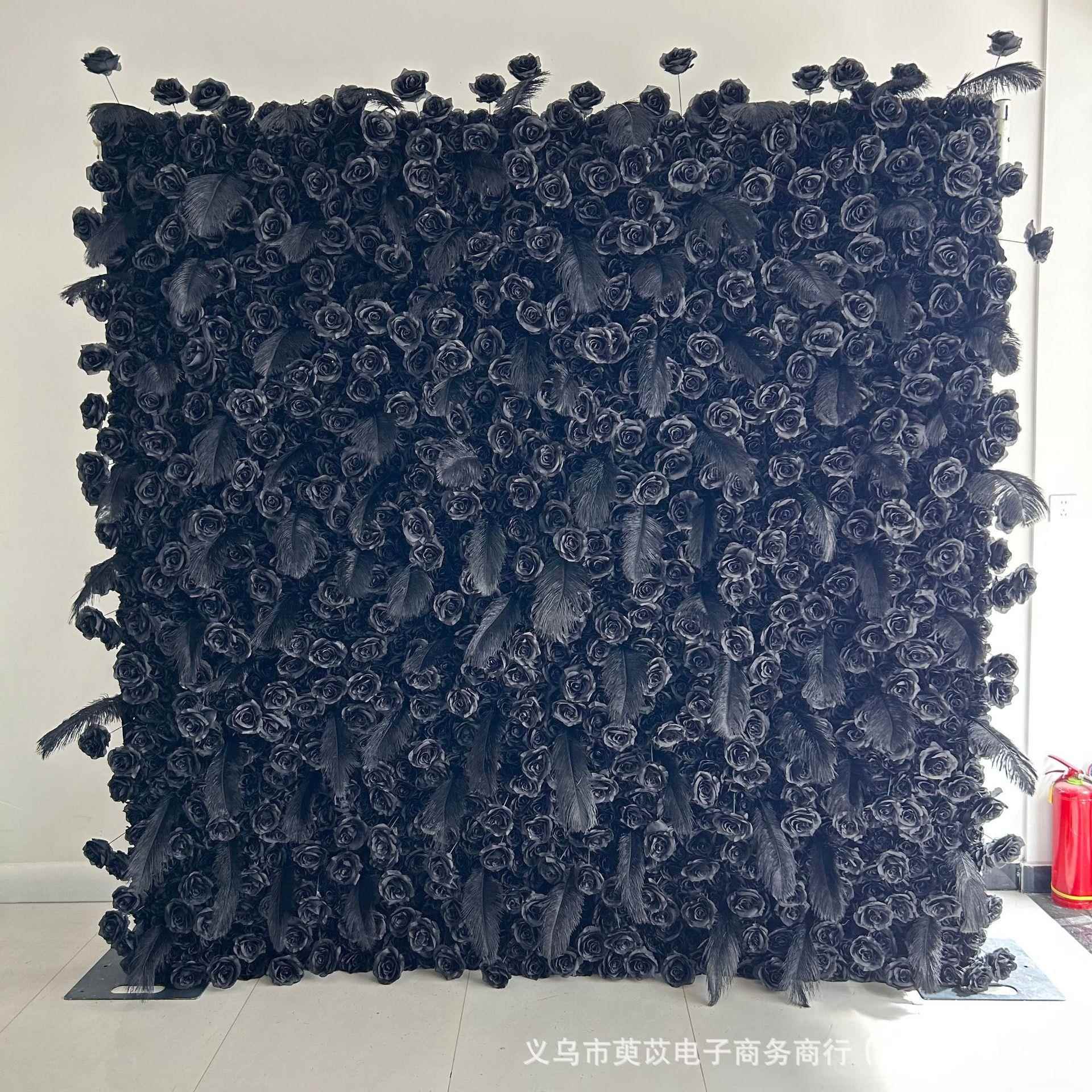 优008选亚马逊仿真花网红墙置仿真黑色玫花墙瑰黑色羽毛布布底花
