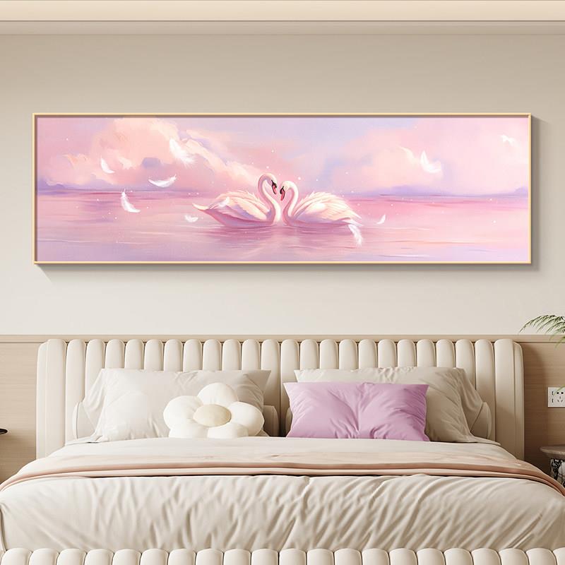 天鹅卧室大白墙装饰画奶油风粉色浪漫温馨床头画档挂画2025新款