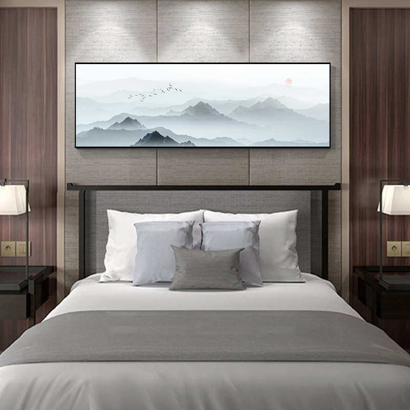 新山水画瓷画墙壁酒店客房水墨挂画卧室中式画装饰画晶床头抽象画