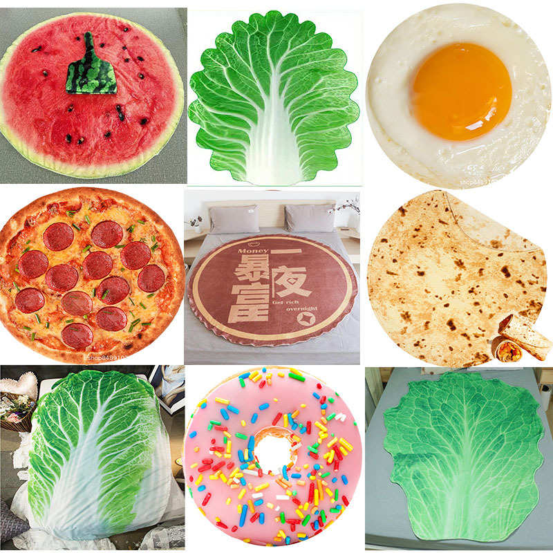 I9EK白菜印度飞饼毛毯大饼毯子煎饼毯西瓜蔬菜被子薄毯办公室披萨