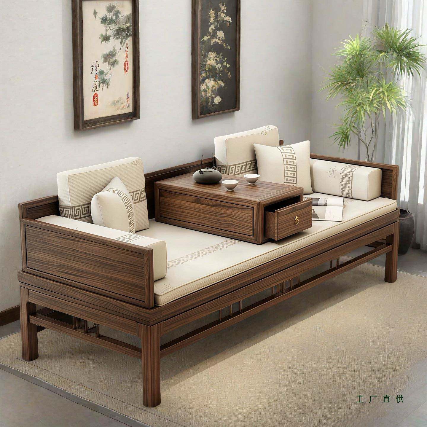 全实木罗汉床老榆木新中式罗汉塌榻沙发椅床推拉小户型茶桌椅组合