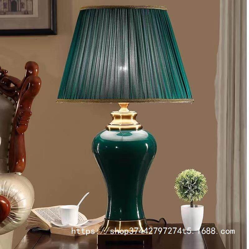 新中式经典绿色陶瓷桌面台灯酒店样板房客厅卧室书房布艺灯罩装饰