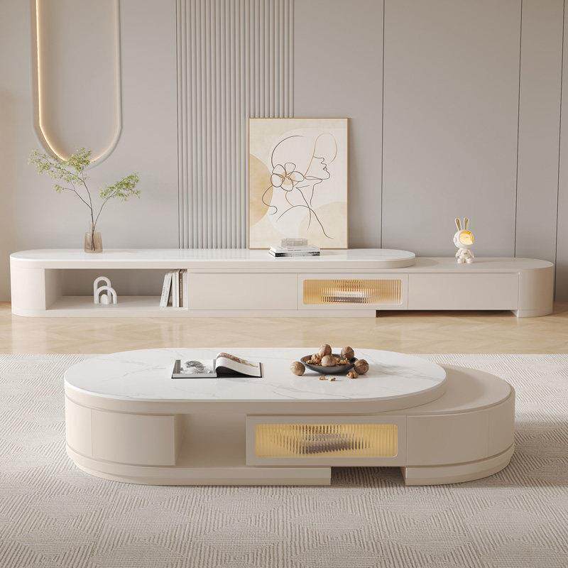 2025新款奶油风伸缩岩板实木茶几电视柜小户型客厅家用椭圆形茶几