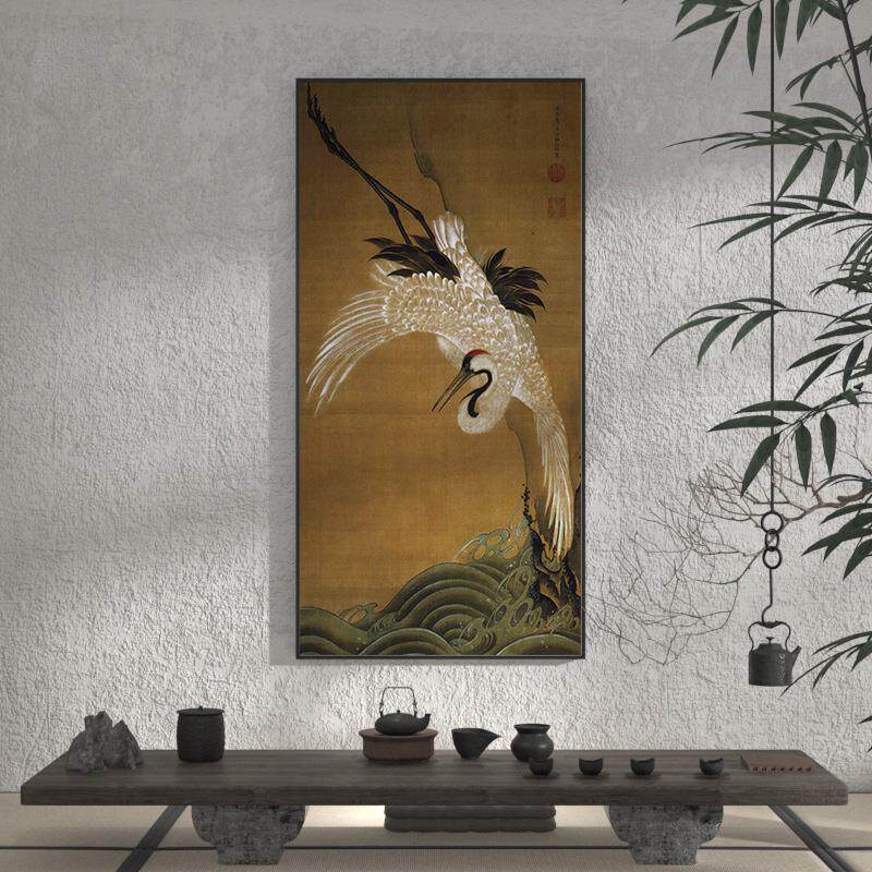 新中式古典禅意中国风仙鹤艺术样板间客厅装饰画玄关壁画竖版挂画