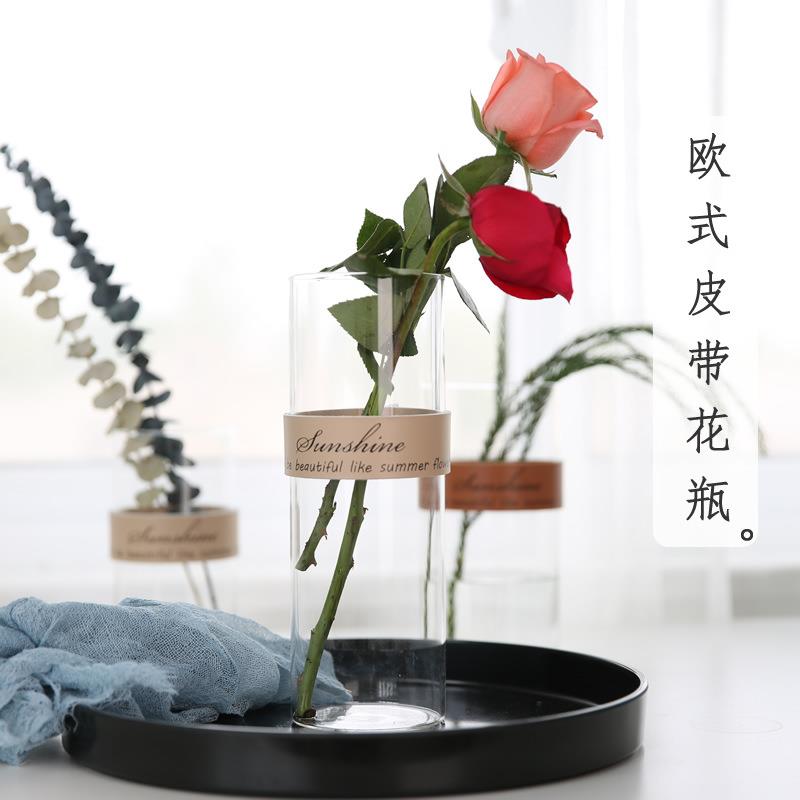 创意皮革璃花瓶北欧简约透 明玻花器 花水培植物干花瓶摆件.