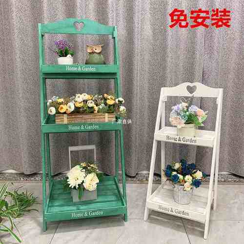 田园乡村复古实木多层折叠小花架阳台落地梯形多肉植物置物架木质