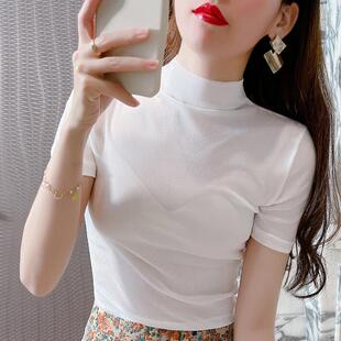 春夏白色短袖 0310z T恤女内搭网纱上衣薄纱衣配吊带裙蕾丝打底衫