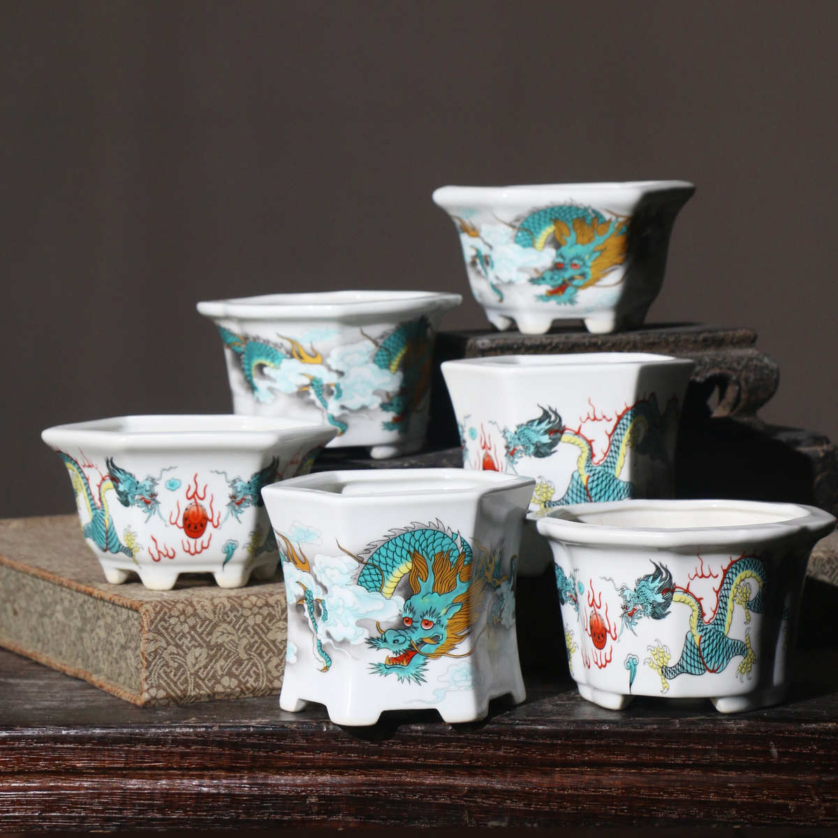 紫砂花盆双龙戏珠龙盆陶瓷盆景盆彩绘贴绘手绘桌面盆栽手工小盆