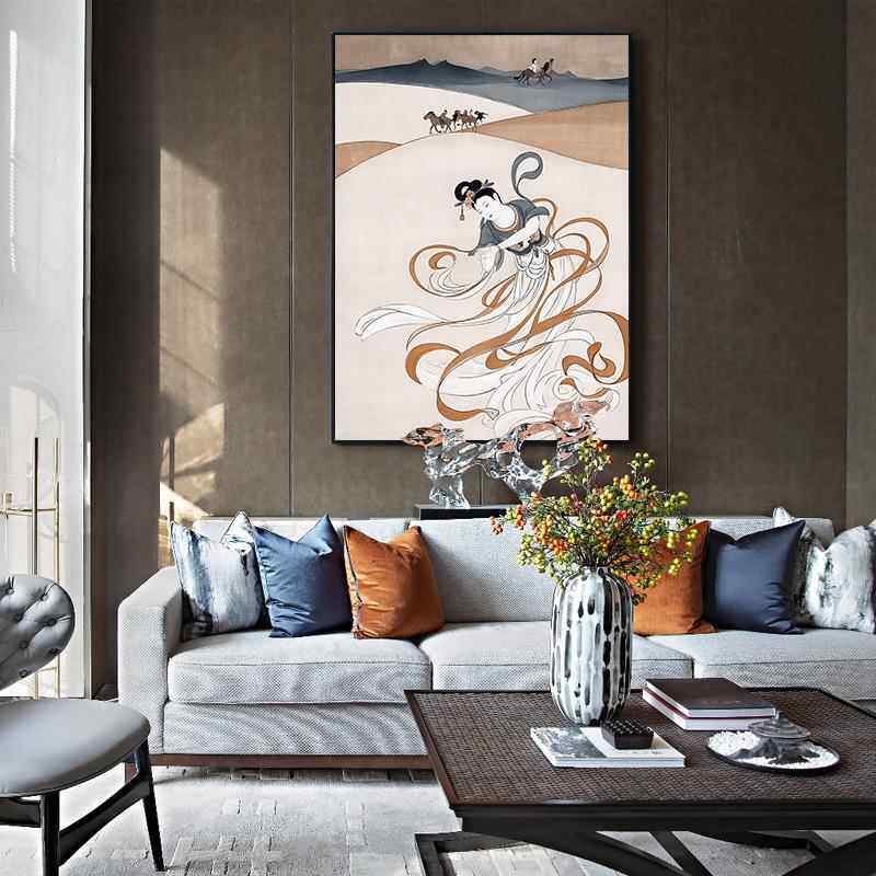 竖版新中式客厅玄关古典人物装饰画高级感大气覆古茶室书房壁挂画