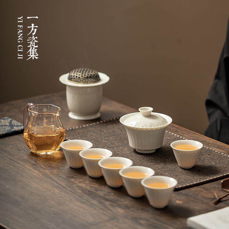 定窑白功夫茶具套组家用陶瓷盖碗茶杯整套高档喝茶茶具礼盒装送礼