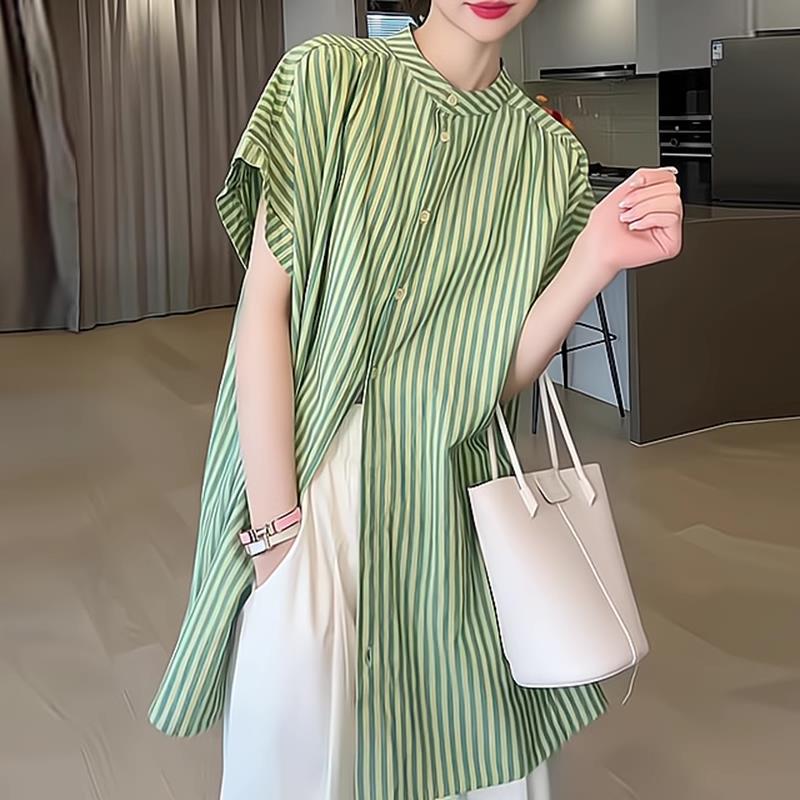 韩版绿色显瘦条纹短袖衬衫女2026年夏季宽松洋派气质减龄百搭上衣