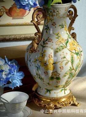 美式吧台装饰花瓶摆件插花创意欧式陶瓷配铜客厅玄关居家桌面花器