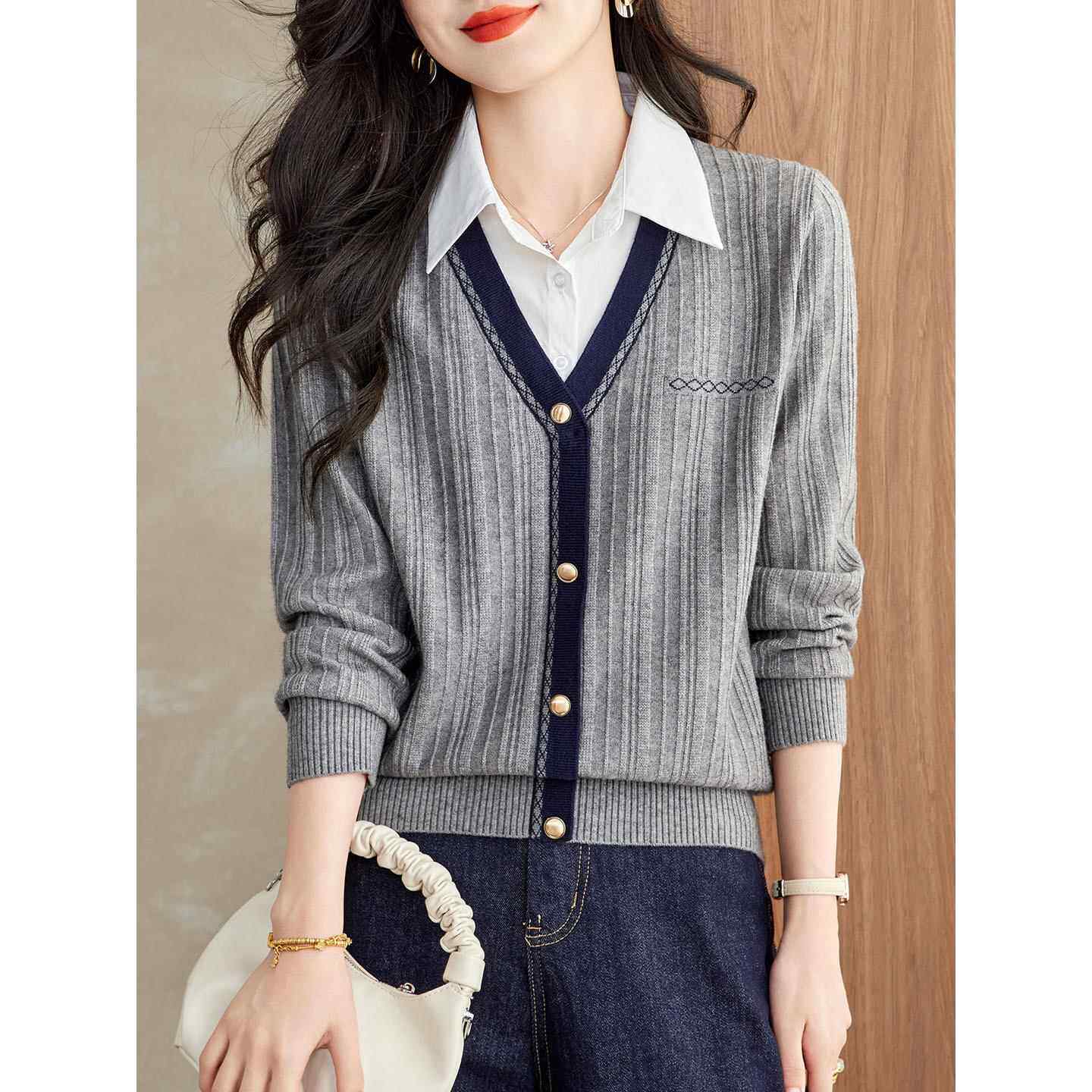 设计感小众衬衫领针织衫假两件上衣女2025春秋新款超好看漂亮毛衣