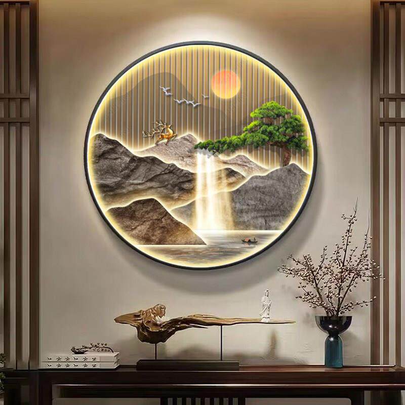 流画039水生财玄关装饰高级感灯圆形画客厅气山水挂画餐厅走道大
