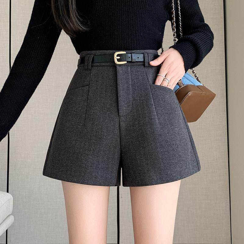 秋冬加厚毛呢短裤女高腰显瘦灰色西装直筒休闲阔腿裤外穿五分靴裤