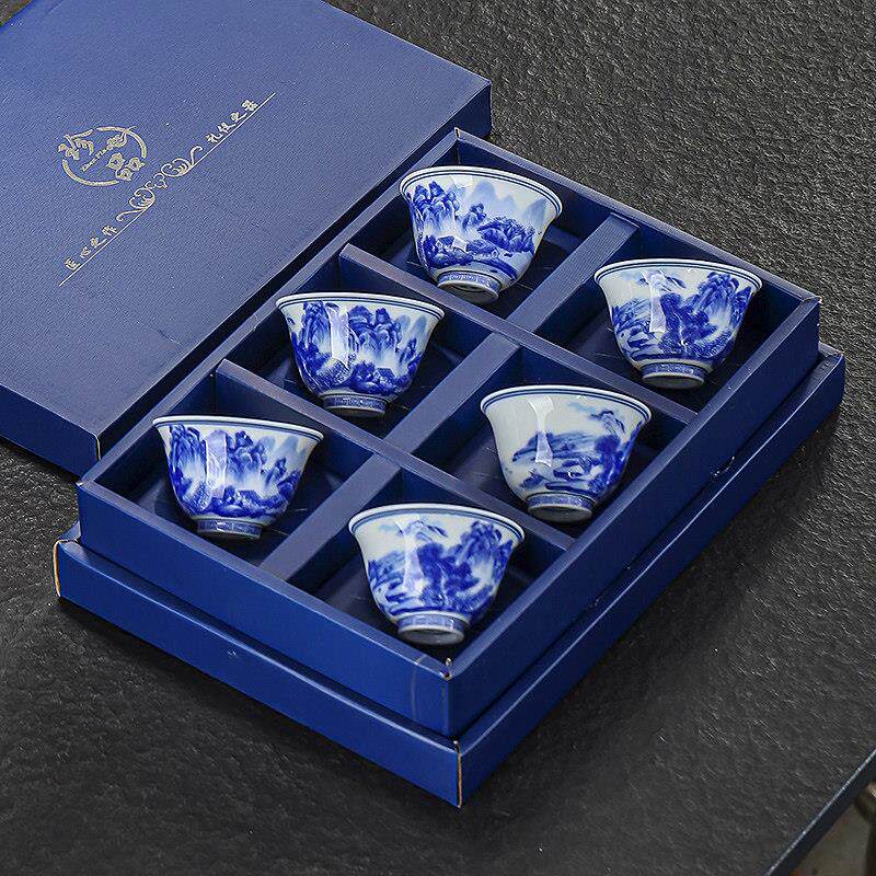 覆古山水青花瓷茶杯套装陶瓷茶具品茗杯青花主人杯茶碗茶盏6个装