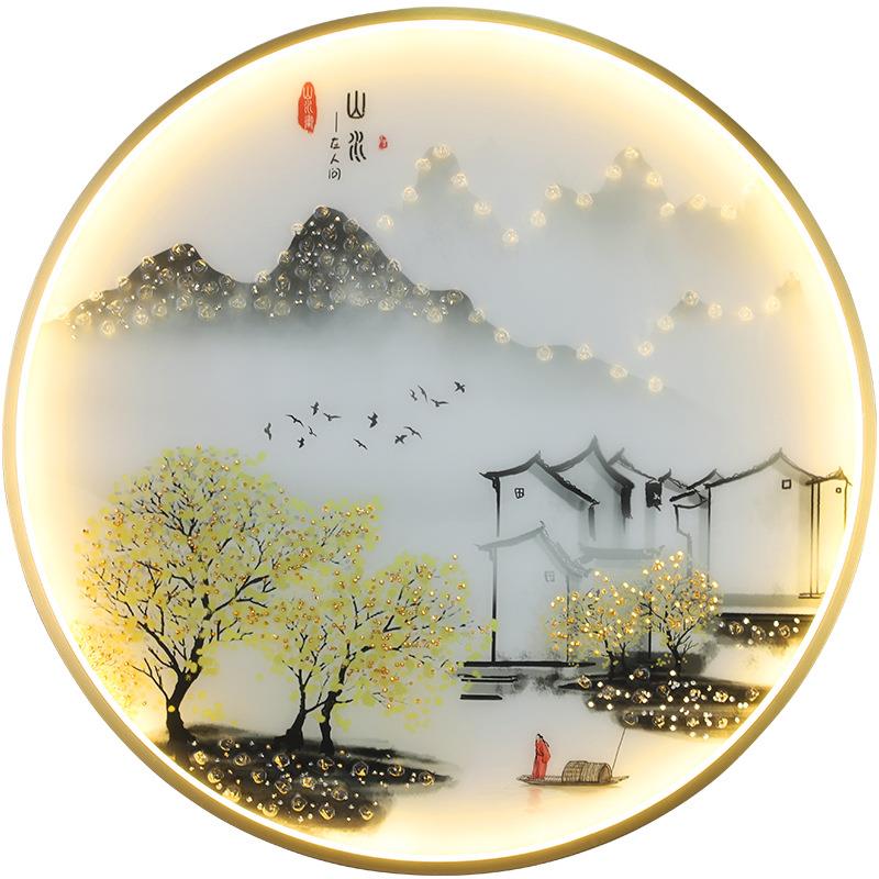新中式壁灯中国风客厅背景墙卧室床头灯禅意玄关圆形LED壁画灯具