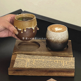 日式复古陶瓷咖啡杯，意式浓缩拉花杯冰拿铁杯木托盘套装咖啡店出品