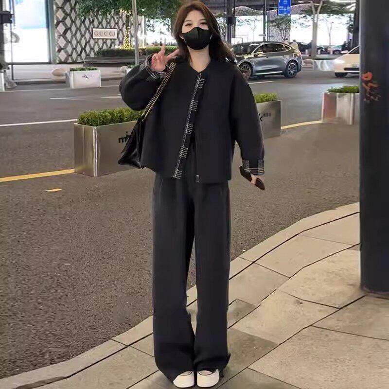 香港代购休闲羽绒棉服套装女冬季时髦内胆毛呢外套阔腿裤两件套装