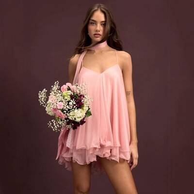 Dress V-Neck Halter Sequin Ruffled Hem Oversized Mini With